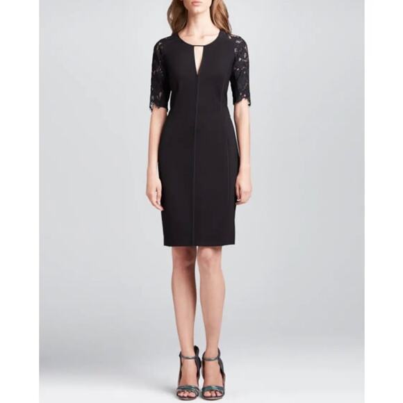 Rebecca Taylor Black Lace Sleeve Keyhole Fitted Sheath Dress Size 6 - Picture 1 of 9
